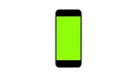 动画手机模型与绿色屏幕隔离在白色背景