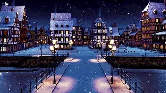 空荡的欧洲小镇在雪夜鸟瞰图