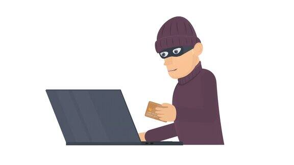 网络诈骗犯一个窃贼在电脑上偷银行卡上的钱卡通