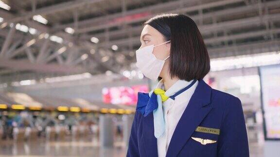 新冠肺炎疫情期间戴口罩的空乘人员在机场候机楼步行前往飞机以预防新冠肺炎感染航空运输的新常态生活理念