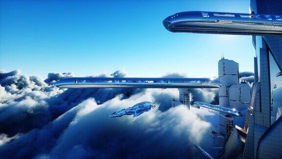 飞行客运列车云中的未来科幻城市乌托邦未来空中的观点现实的4k的动画