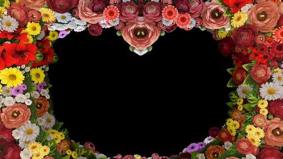 在黑色背景上旋转的花朵形成一个心剪影的动画婚礼情人节母亲节家庭节生日的问候模板循环录像