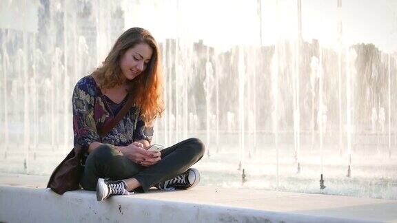 女孩坐在城市喷泉上