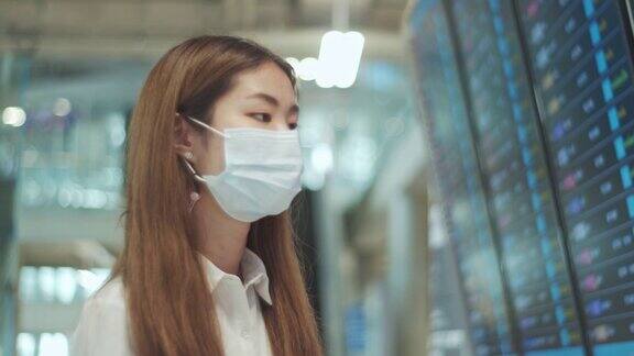 亚洲妇女戴着医用口罩在机场登机