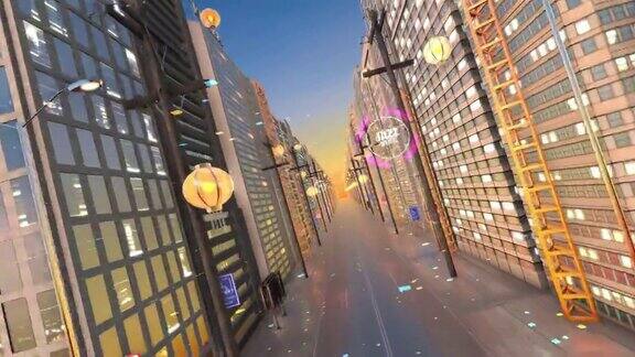 空街道城市飞行3D动画智能城市完美的循环