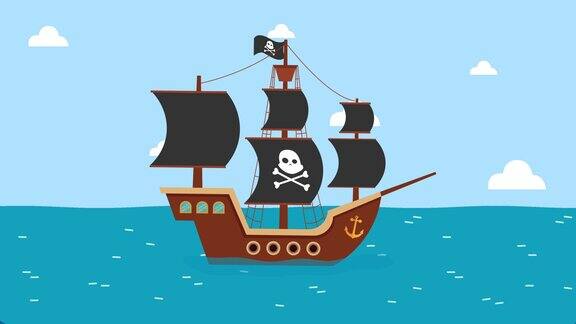木制海盗船航行在海上2d动画