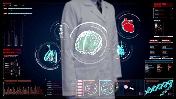 医生触摸数字屏幕扫描脑、心、肺、内脏的数字显示仪表盘x射线的观点