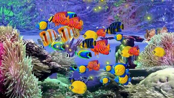 珊瑚礁中鱼儿与海马游动动画