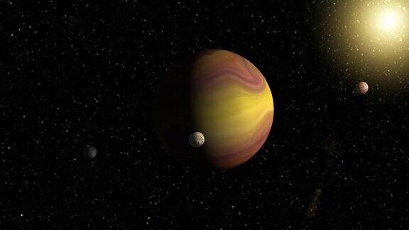 巨大的气体巨行星有两个卫星和一个较小的行星围绕附近的恒星运行外太空宇宙艺术和科幻概念