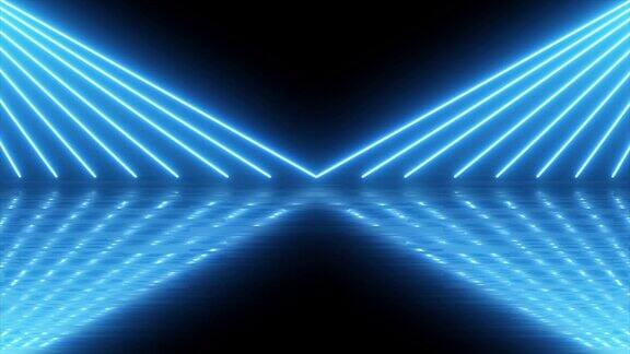 现代彩色照明霓虹发光4K动画场景混沌蓝色霓虹灯线荧光紫外光三角形的形状来自侧面消失了