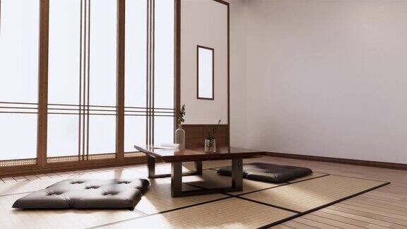 禅房室内木质墙壁上铺着榻榻米垫子低矮的桌子和扶手椅三维渲染