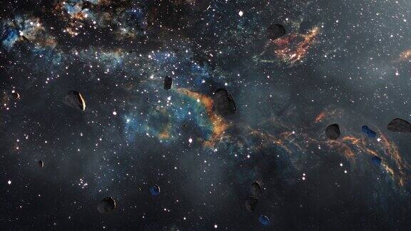 银河系太空飞行探索太空岩石场景通过外太空中央天鹅座天空景观银河4K循环动画飞行通过发光的星云云和星场