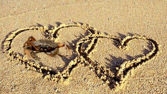 螃蟹和沙滩上的图画在沙子上画一颗心