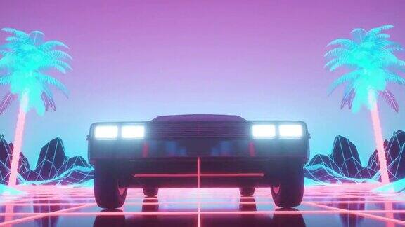 霓虹赛博朋克风格的汽车80年代的背景动画复古的未来汽车穿过霓虹城市