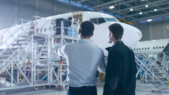 机械师和总工程师在飞机研发设施中进行讨论