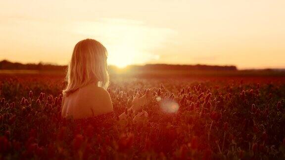 慢镜头女人在日落时分的三叶草地里放松