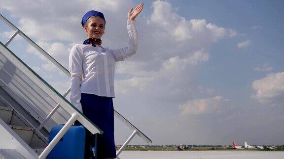 机场的女机场工作人员在飞机楼梯上挥舞着手提着行李箱