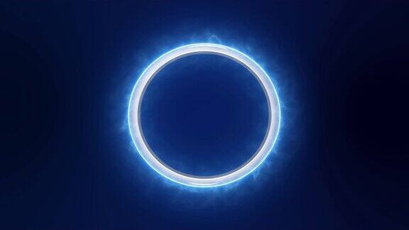 霓虹蓝色灯光与闪耀和烟雾的痕迹创造了一个圆形的金属三维环深蓝色的背景