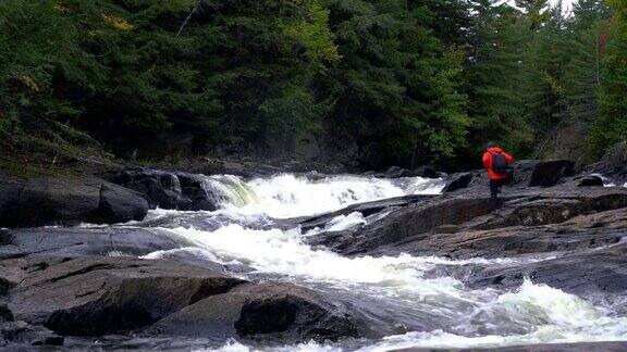 男子徒步在森林河流和瀑布秋天森林自然魁北克省加拿大