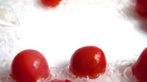 红樱桃番茄落入水中洗西红柿在白色背景上缓慢的运动