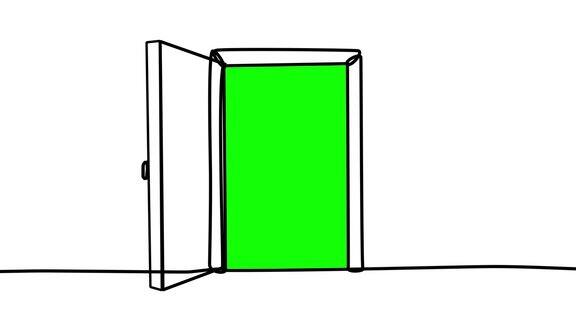 在绿色背景色度键上打开的门的2D动画素材:入口机会可能性欢迎出口隐私安全访问网关门槛通道自由逃脱障碍关闭