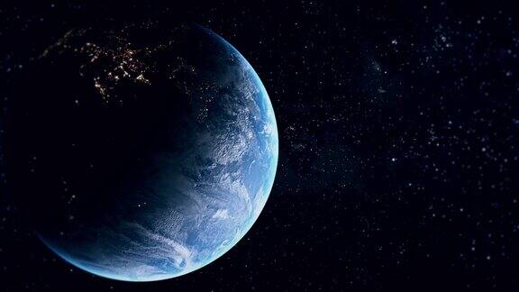 行星地球在外太空旋转背景是黑色的恒星