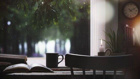 雨点落在窗户上雨滴流动雨声和蜡烛的舒缓