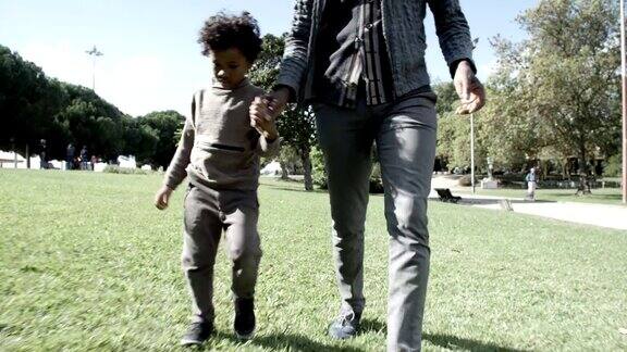 高大的非裔美国人父亲牵着儿子走在草坪上