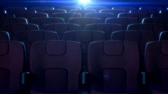 一排排的红椅子在电影院大厅与闪烁的电影放映机灯在背景3d动画的红色座位在电影院艺术与媒体概念