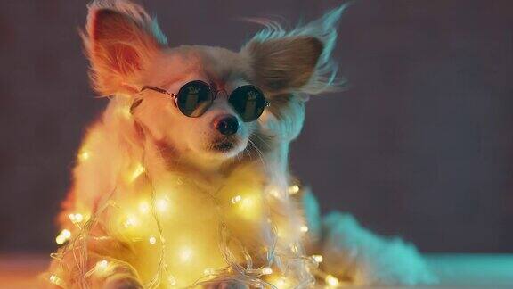 可爱可爱的小哈巴狗穿着圣诞灯服装与有趣的节日庆祝节日概念与RGB颜色背景
