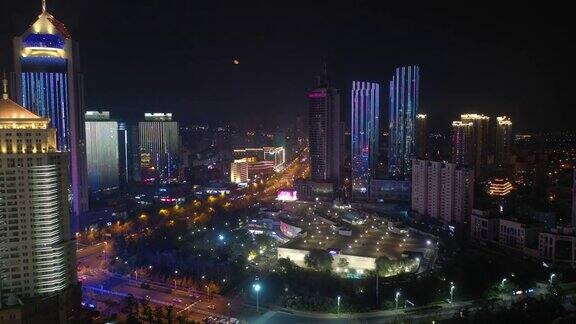 夜光青岛市区著名商场交通街道航拍全景4k中国