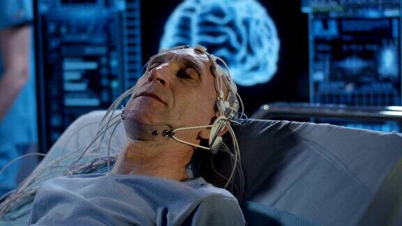 病人躺在床上进行脑电图检查