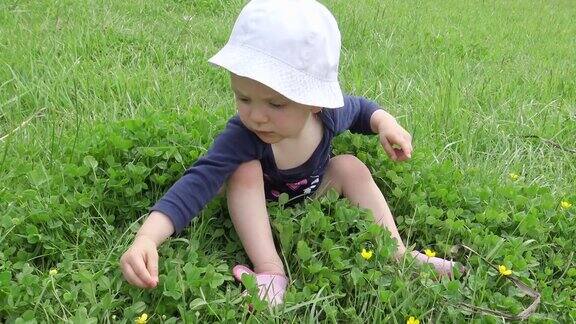 小女孩坐在夏日花园的草地上