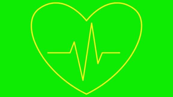 心电图显示跳动的黄色心脏心脏跳动的线性符号心脏跳动的循环视频保健学、心脏病学、医学矢量插图隔离在绿色背景上