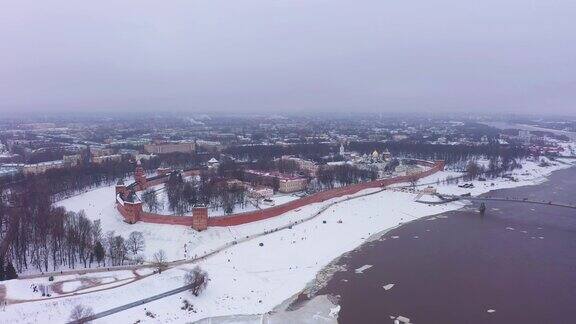 冬季的诺夫哥罗德和克里姆林宫俄罗斯鸟瞰图