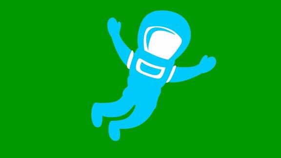 动画可爱的蓝色宇航员在零重力宇航员在失重状态下飞行矢量平面插图隔离在绿色背景上