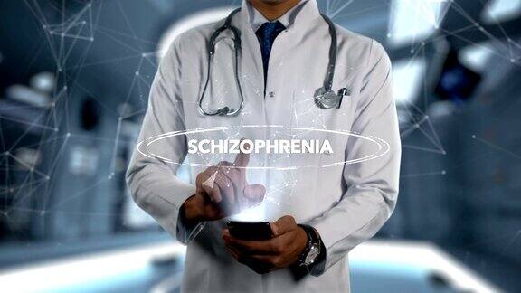 精神分裂症-男性医生用手机打开和触摸全息疾病字