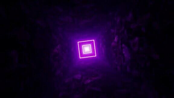 紫色洞穴隧道中的方形霓虹灯