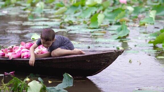 越南同塔省塔塔Muoi的大湖里越南男孩在传统木船上玩粉色荷花的花瓣而妈妈在大湖里文化和生活理念