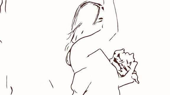 动漫卡通小品亚洲成熟女子在向日葵地里的面部表情伸开双臂感受自由