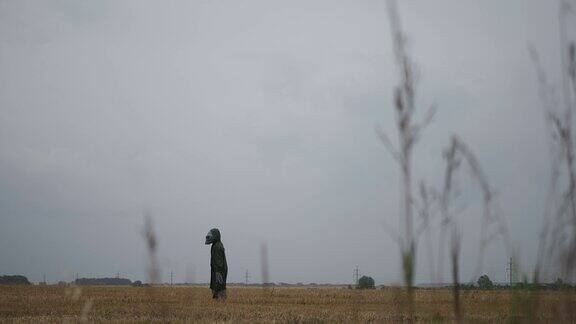 一个穿着绿色衣服的外星人独自站在田野里环顾四周挥挥手