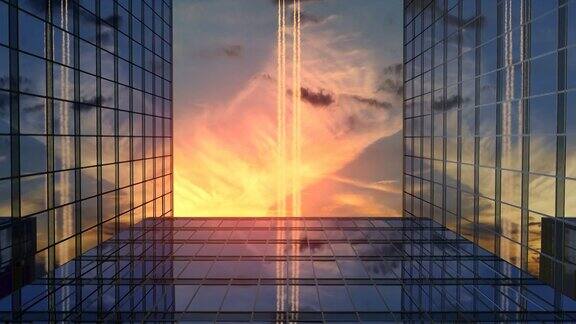 夕阳下飞机飞过商业摩天大楼