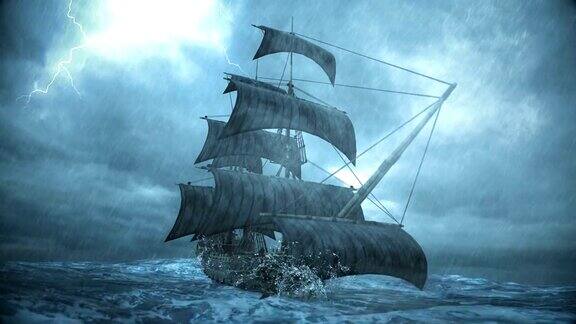 在暴风雨和闪电中航行的船
