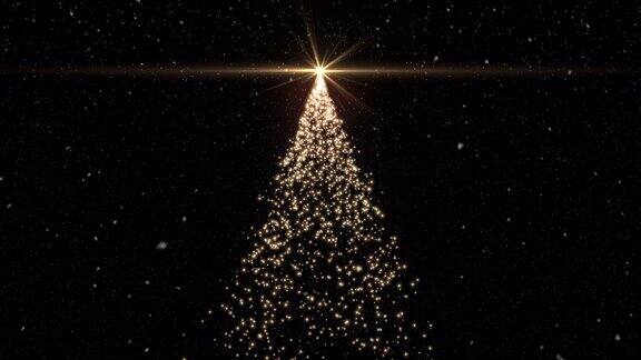 运动背景发光粒子圣诞树形状和雪