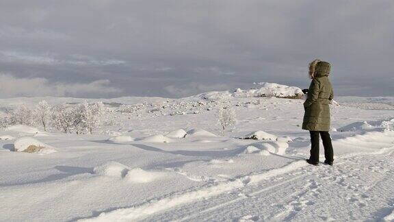 欣赏挪威雪景的女人
