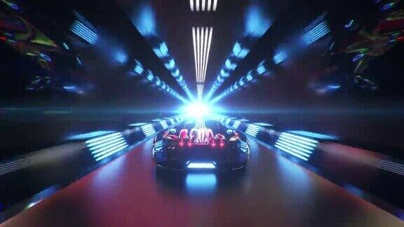 汽车以高速行驶在无尽的霓虹灯技术隧道中未来3d动画无缝循环