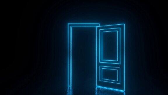 抽象打开宇宙之门线出现赛博朋克霓虹门背景概念蓝色霓虹灯全息led激光门向前飞行进入门口3d循环动画4K
