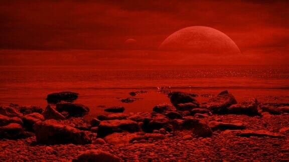 外星红色景观与两个卫星和海洋