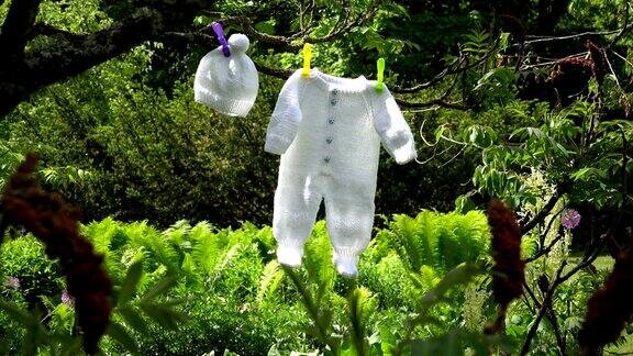 编织的白色婴儿衣和帽子挂在花园里的树枝上