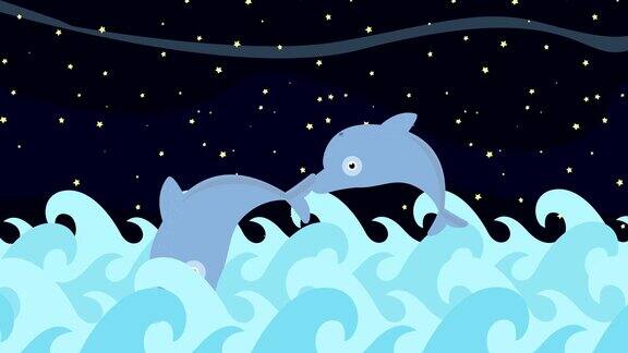 卡通海豚跳跃之间的海浪在一个星空的背景
